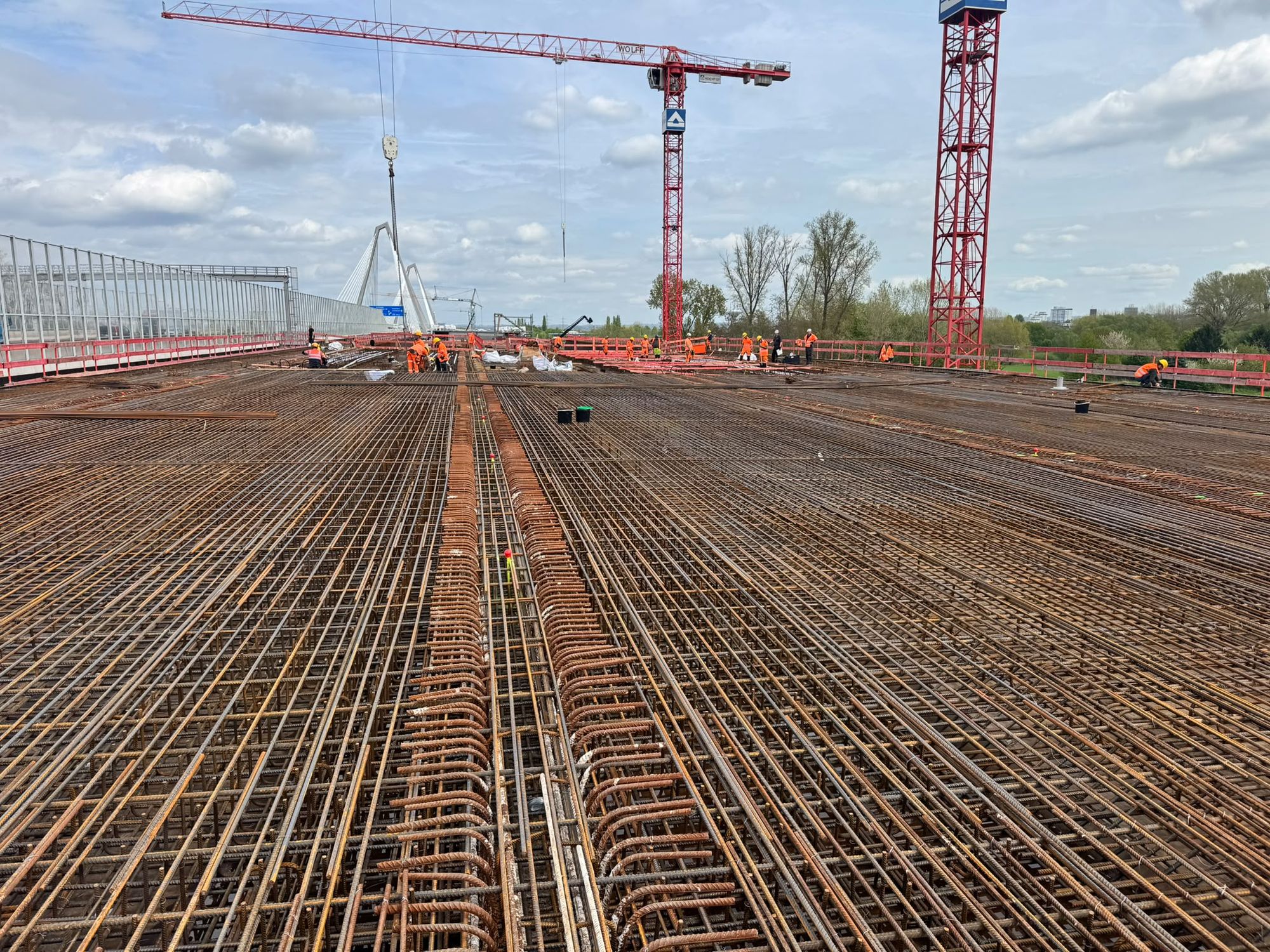 Verlegte Bewehrung auf der Baustelle der A1 Rheinbrücke Leverkusen